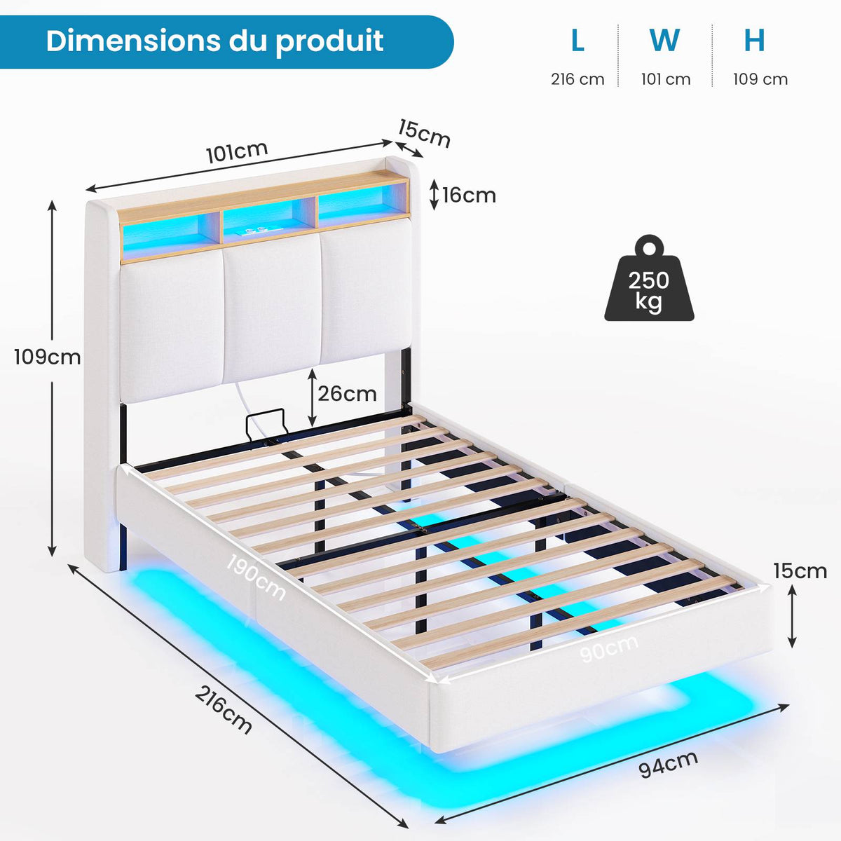 Brinlawb Cadre de lit suspendu équipé d'une prise électrique et d'une bande lumineuse LED en lin blanc