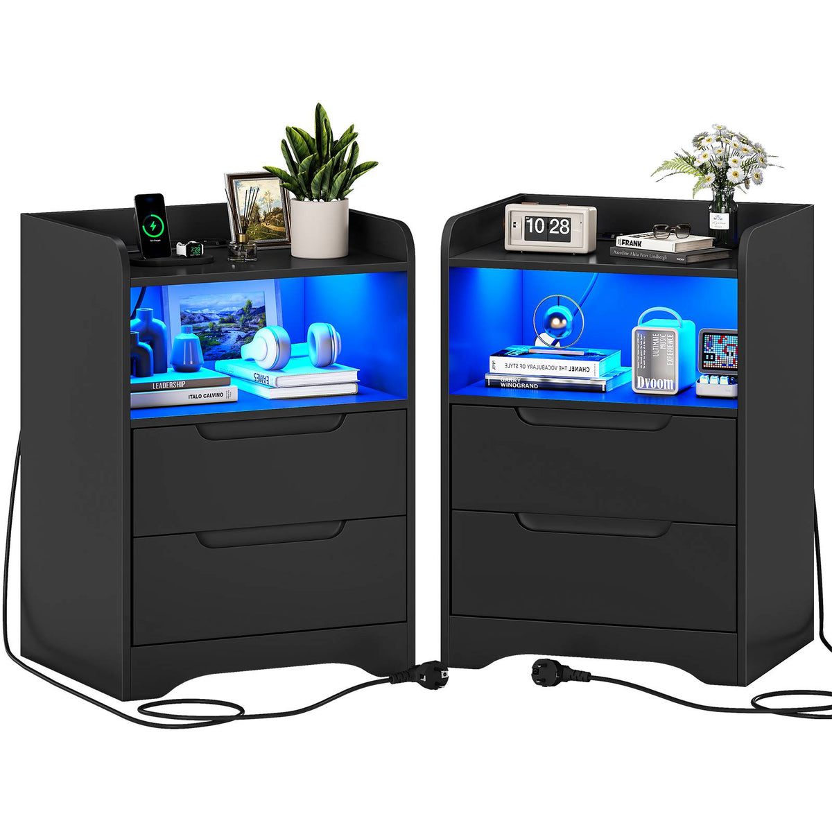 Brinlawb Table de Chevet Lot de 2 avec lumières LED et Multiprise  avec 1 Compartiment Ouvert et 2 Tiroirs