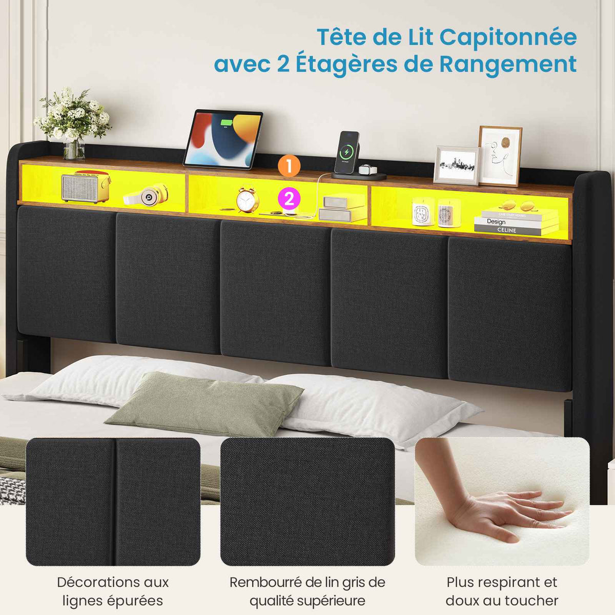 Brinlawb Lit double 140x200cm (avec sommier à lattes), avec éclairage LED, tissu en lin, gris.