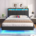 Brinlawb Lit double 140x200cm (avec sommier à lattes), avec éclairage LED, tissu en lin, gris.