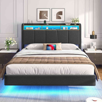 Brinlawb Lit double 140x200cm (avec sommier à lattes), avec éclairage LED, tissu en lin, gris.
