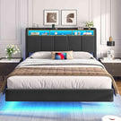 Brinlawb Lit double 140x200cm (avec sommier à lattes), avec éclairage LED, tissu en lin, gris.