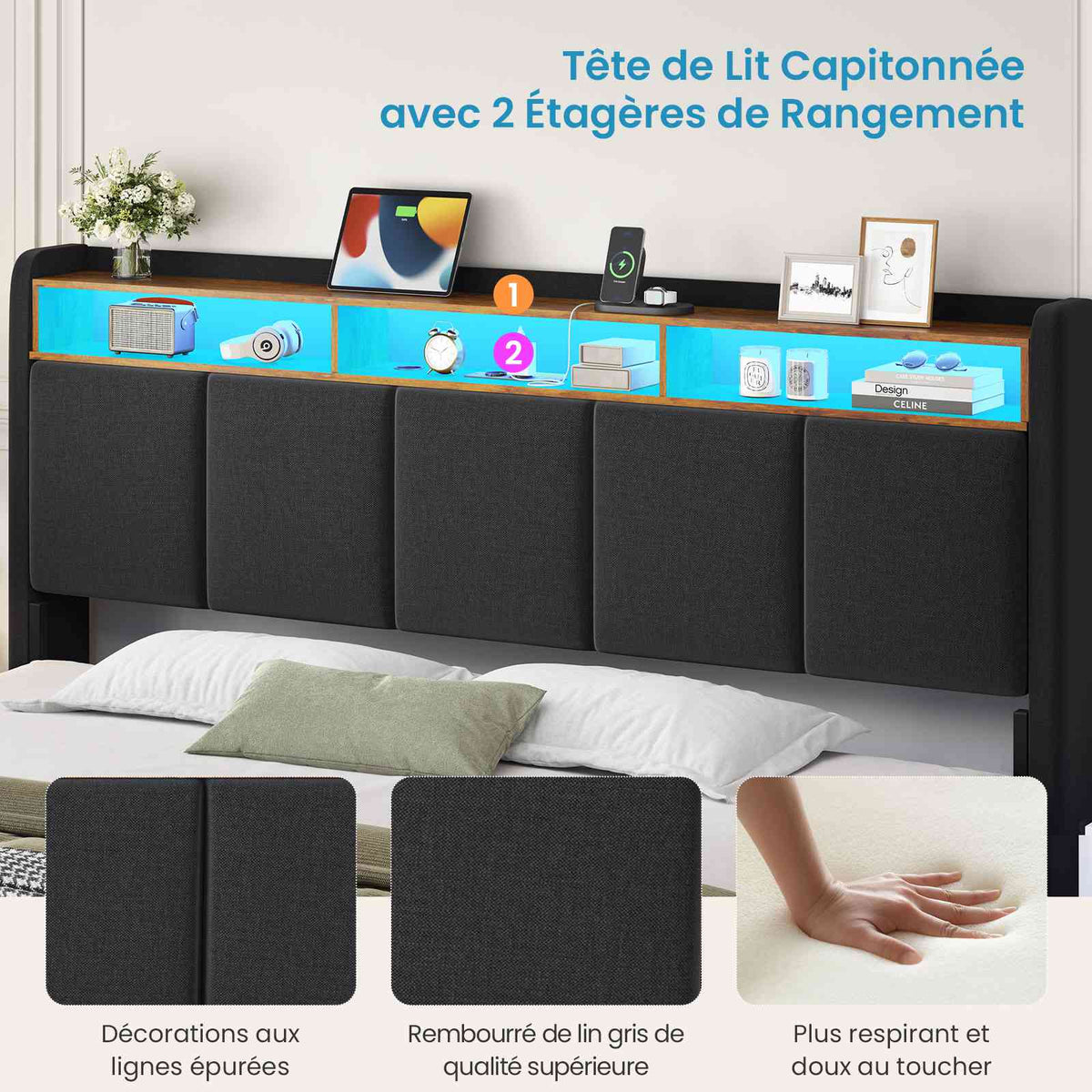 Brinlawb Lit double 140x200cm (avec sommier à lattes), avec éclairage LED, tissu en lin, gris.