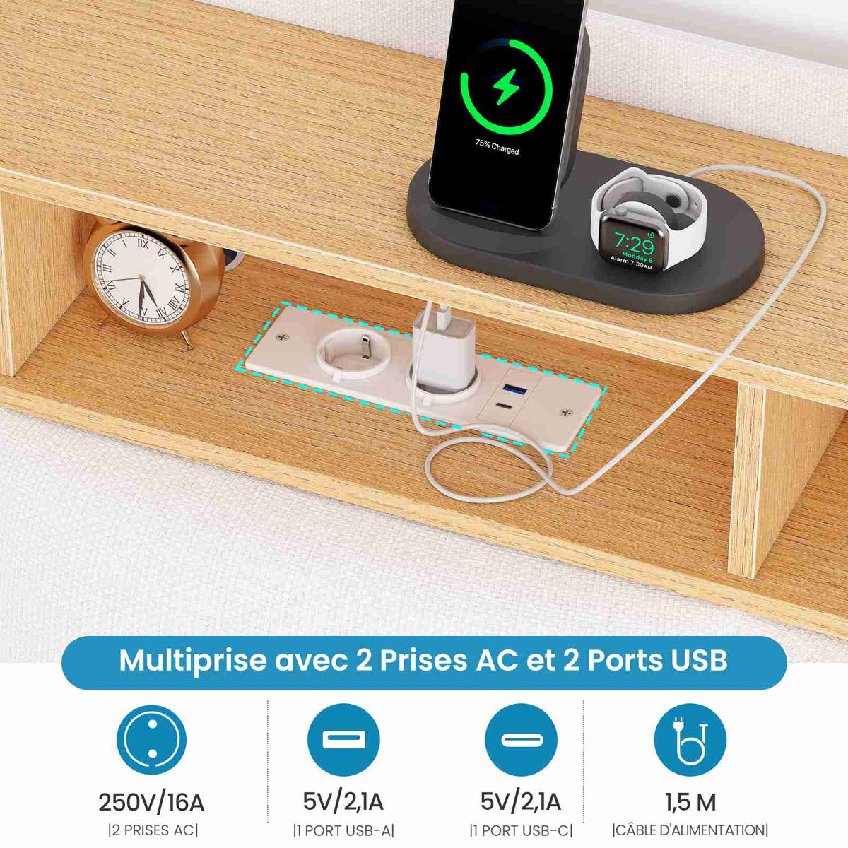 Brinlawb Cadre de lit suspendu équipé d'une prise électrique et d'une bande lumineuse LED en lin blanc