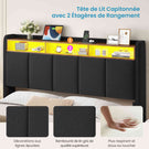 Brinlawb Lit double 140x200cm (avec sommier à lattes), avec éclairage LED, tissu en lin, gris.