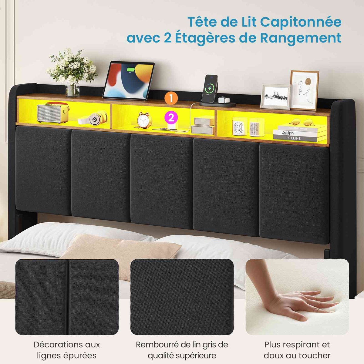 Brinlawb Lit double 140x200cm (avec sommier à lattes), avec éclairage LED, tissu en lin, gris.
