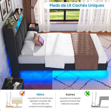 Brinlawb Cadre de lit suspendu équipé d'une prise électrique et d'une bande lumineuse LED en lin gris