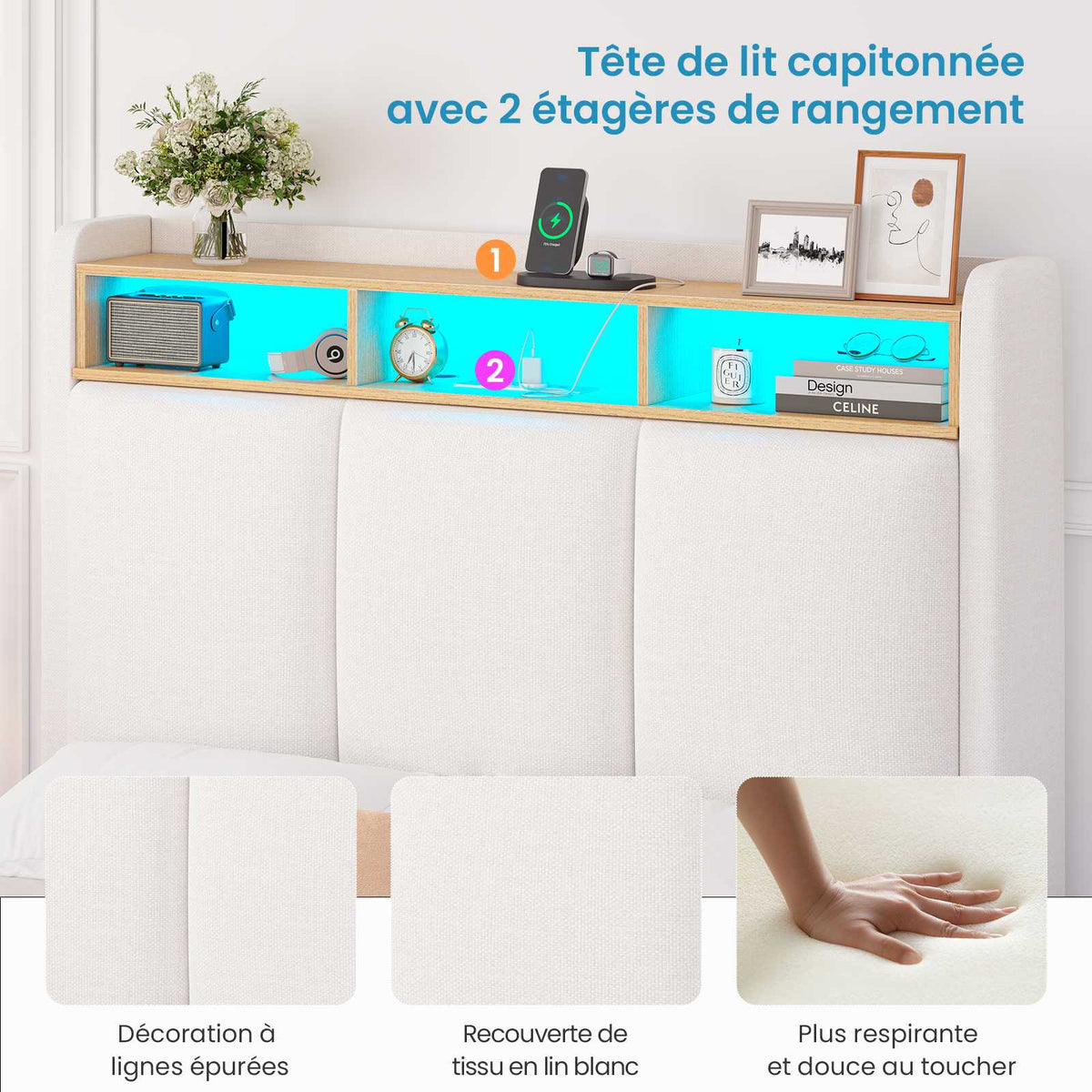 Brinlawb Cadre de lit suspendu équipé d'une prise électrique et d'une bande lumineuse LED en lin blanc