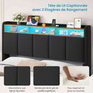 Brinlawb Lit double 140x200cm (avec sommier à lattes), avec éclairage LED, tissu en lin, gris.