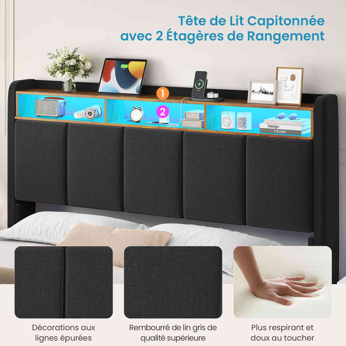 Brinlawb Lit double 140x200cm (avec sommier à lattes), avec éclairage LED, tissu en lin, gris.