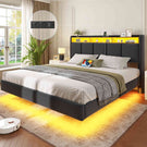 Brinlawb Lit double 140x200cm (avec sommier à lattes), avec éclairage LED, tissu en lin, gris.