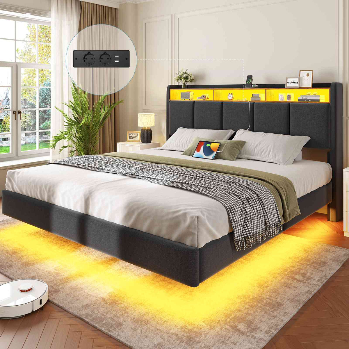 Brinlawb Lit double 140x200cm (avec sommier à lattes), avec éclairage LED, tissu en lin, gris.
