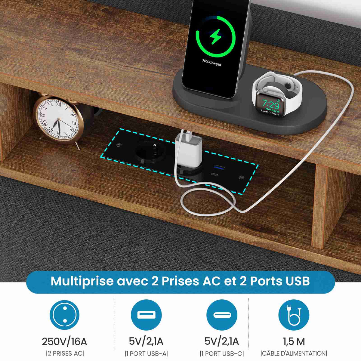 Brinlawb Cadre de lit suspendu équipé d'une prise électrique et d'une bande lumineuse LED en lin gris