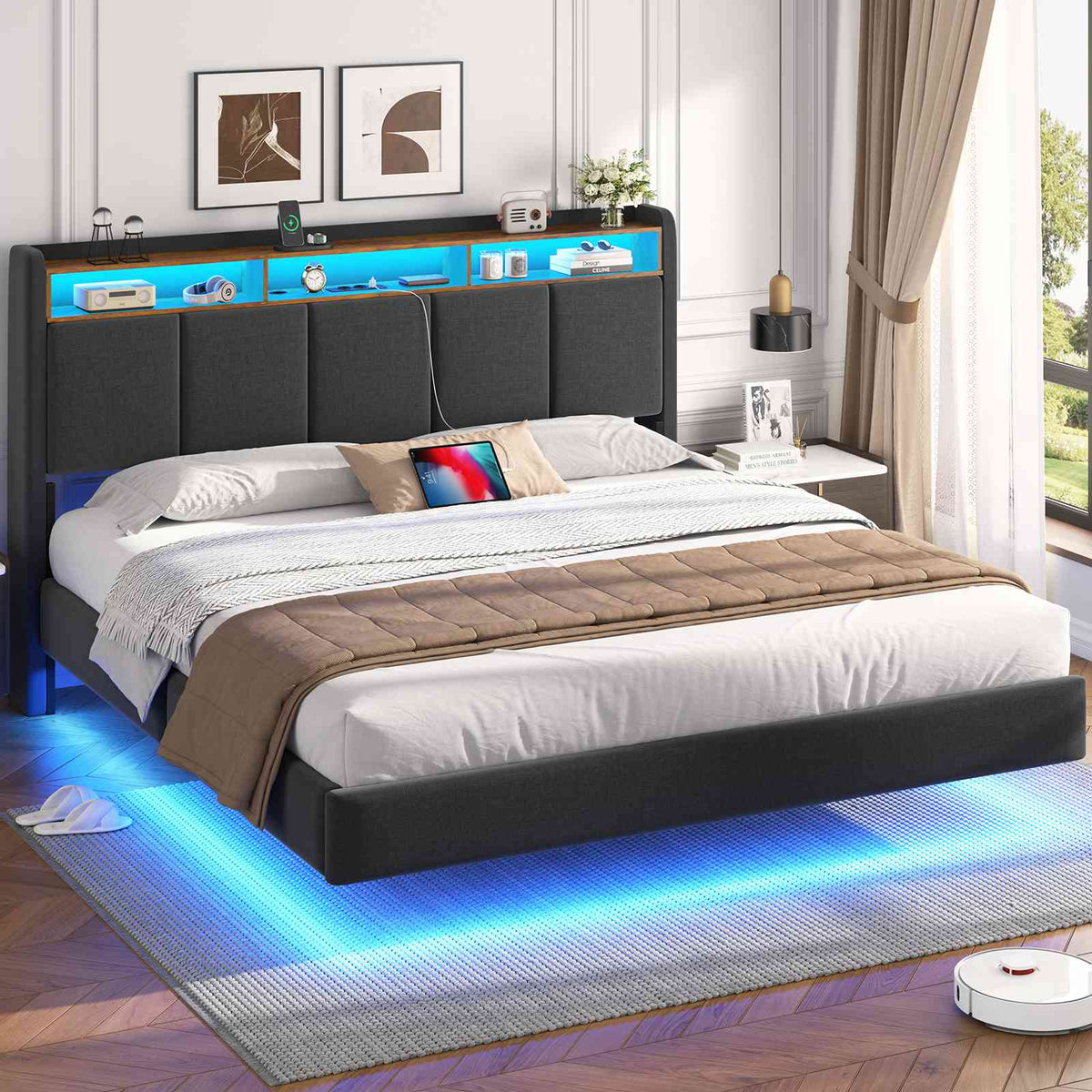 Brinlawb Lit double 140x200cm (avec sommier à lattes), avec éclairage LED, tissu en lin, gris.