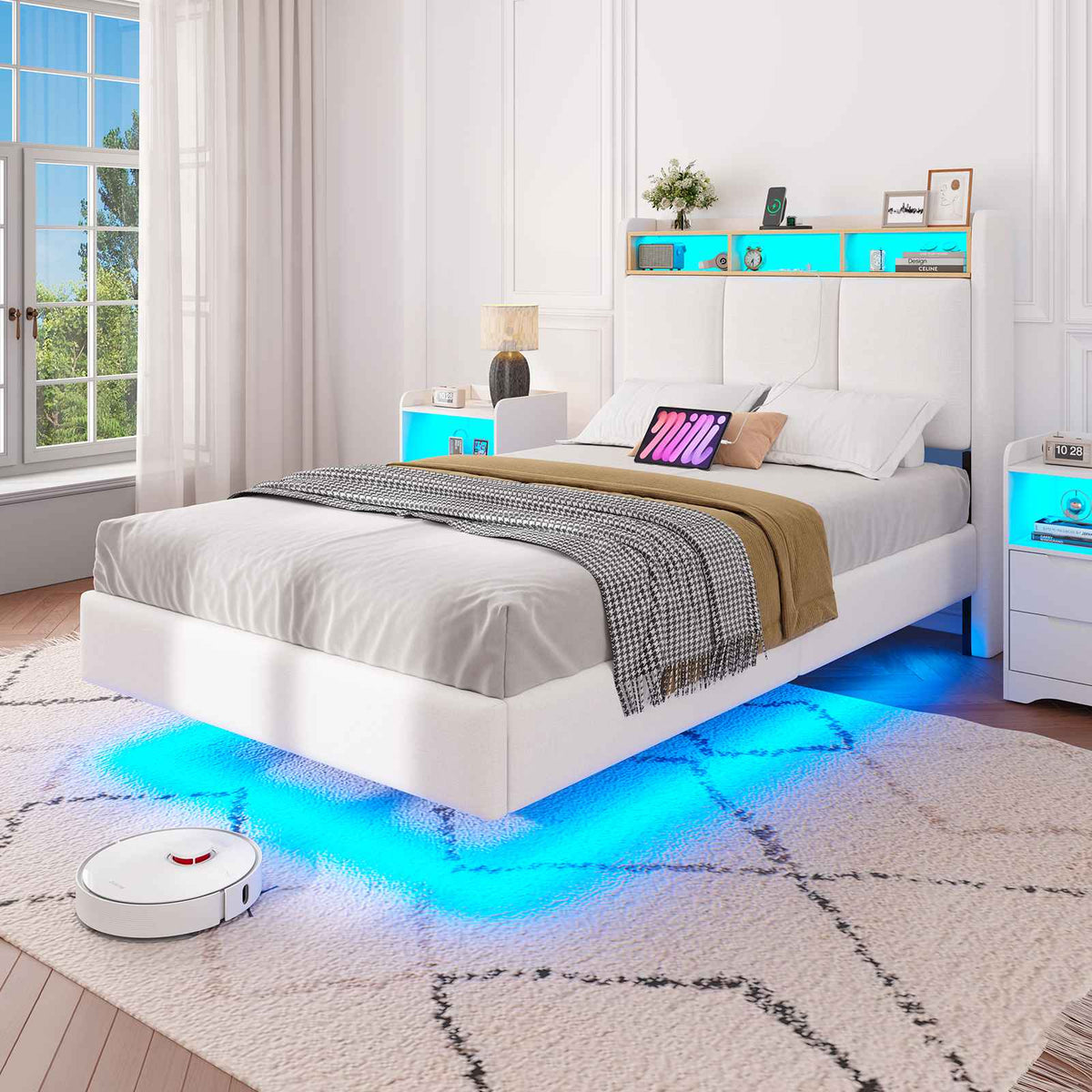 Brinlawb Cadre de lit suspendu équipé d'une prise électrique et d'une bande lumineuse LED en lin blanc