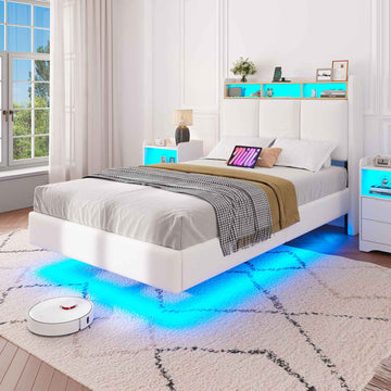 Brinlawb Cadre de lit suspendu équipé d'une prise électrique et d'une bande lumineuse LED en lin blanc