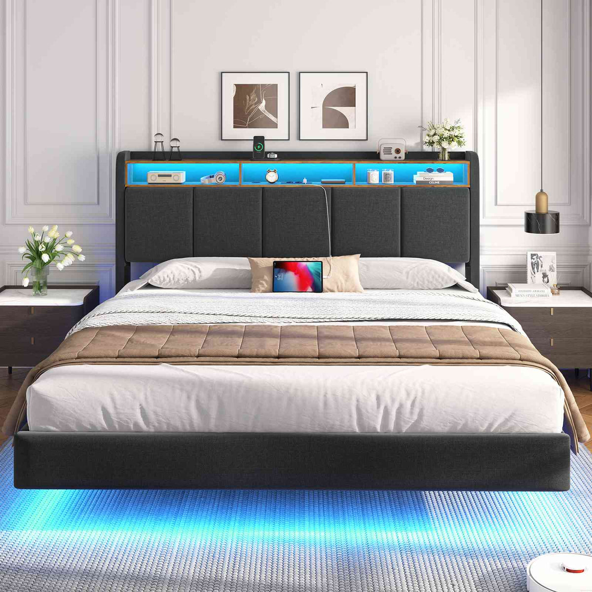 Brinlawb Lit double 140x200cm (avec sommier à lattes), avec éclairage LED, tissu en lin, gris.