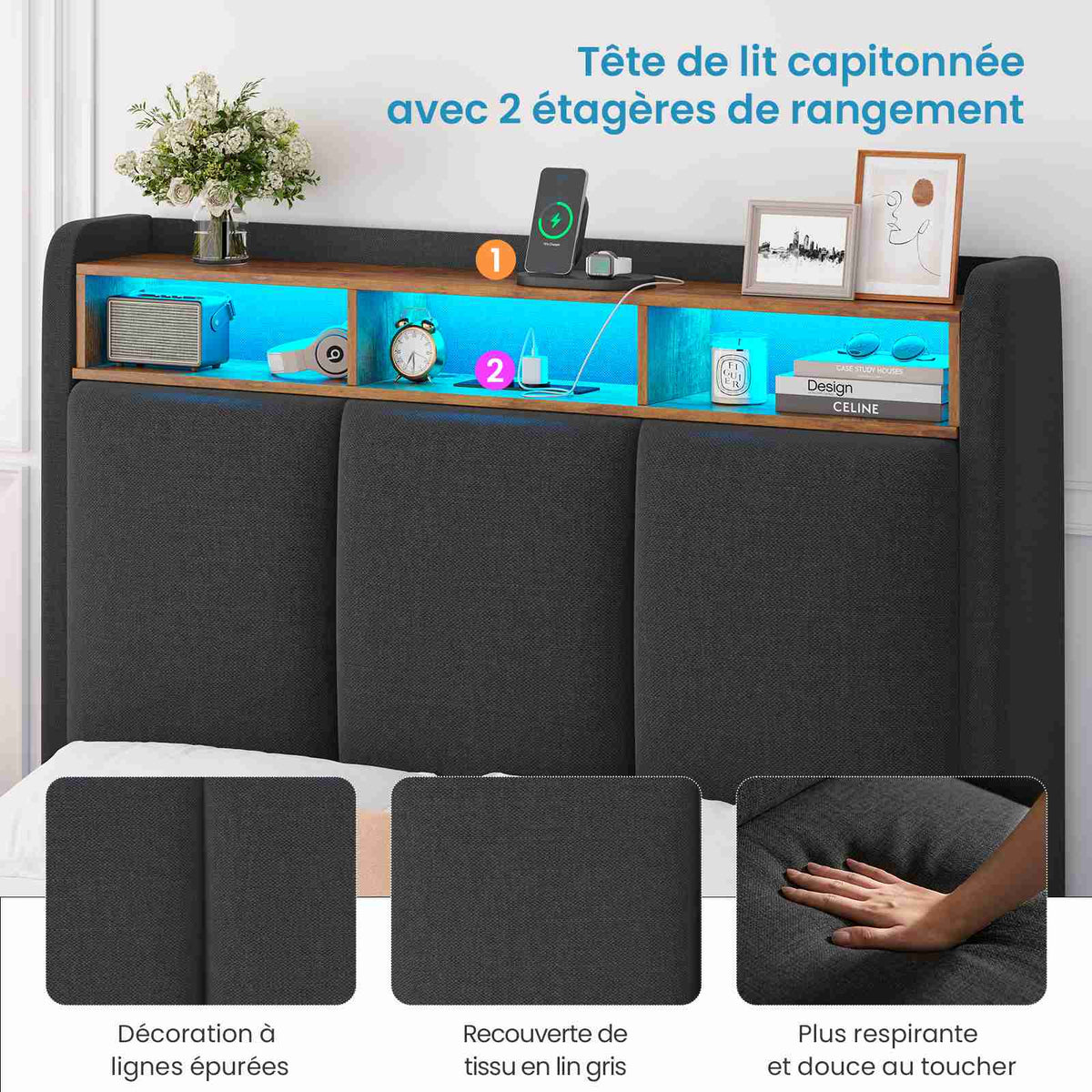 Brinlawb Cadre de lit suspendu équipé d'une prise électrique et d'une bande lumineuse LED en lin gris