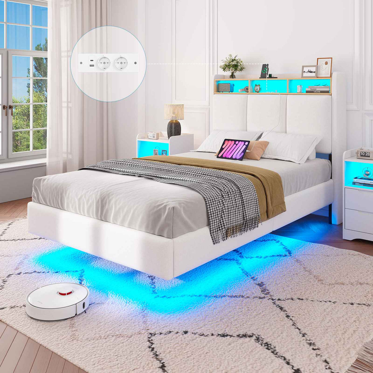 Brinlawb Cadre de lit suspendu équipé d'une prise électrique et d'une bande lumineuse LED en lin blanc