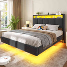 Brinlawb Lit double 140x200cm (avec sommier à lattes), avec éclairage LED, tissu en lin, gris.