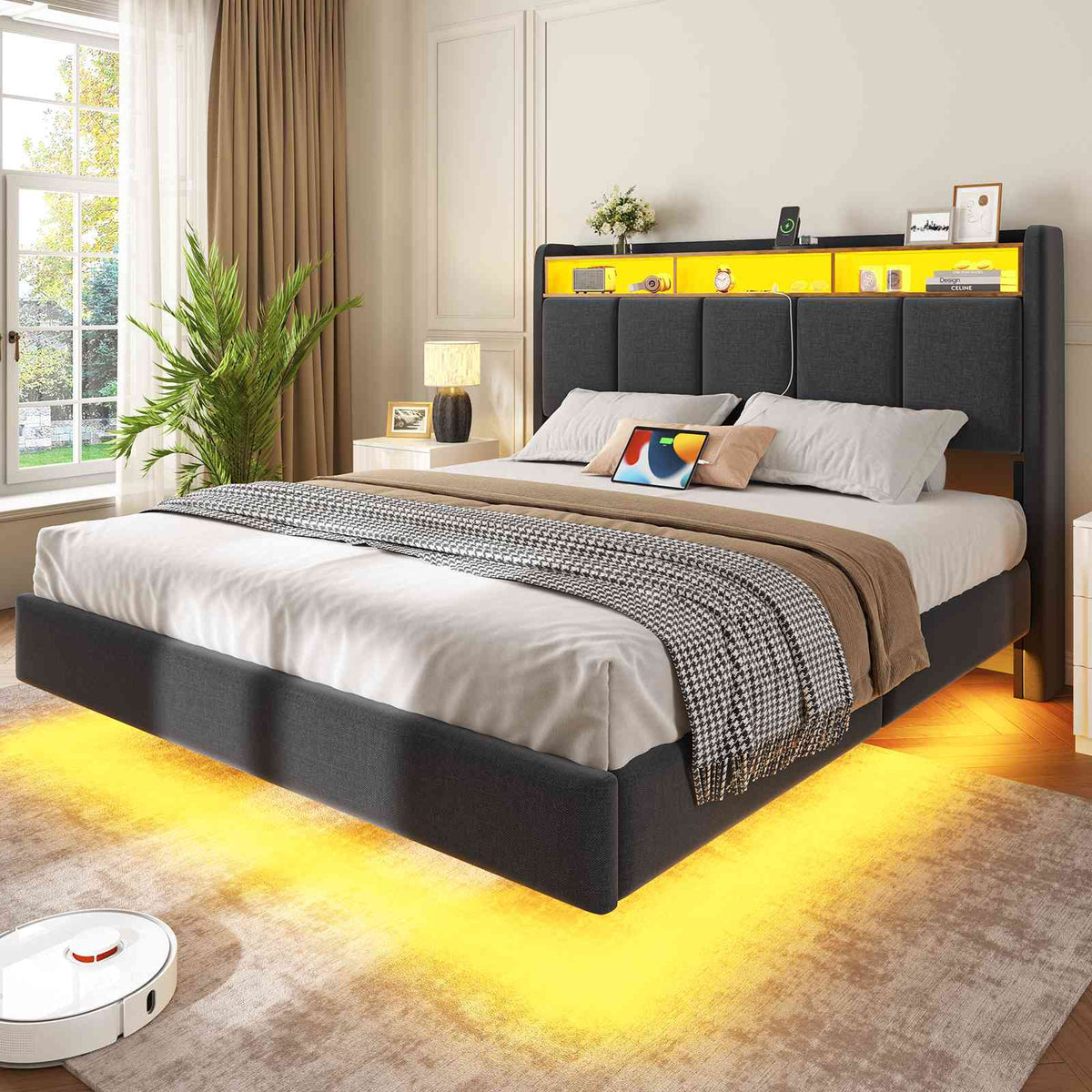 Brinlawb Lit double 140x200cm (avec sommier à lattes), avec éclairage LED, tissu en lin, gris.
