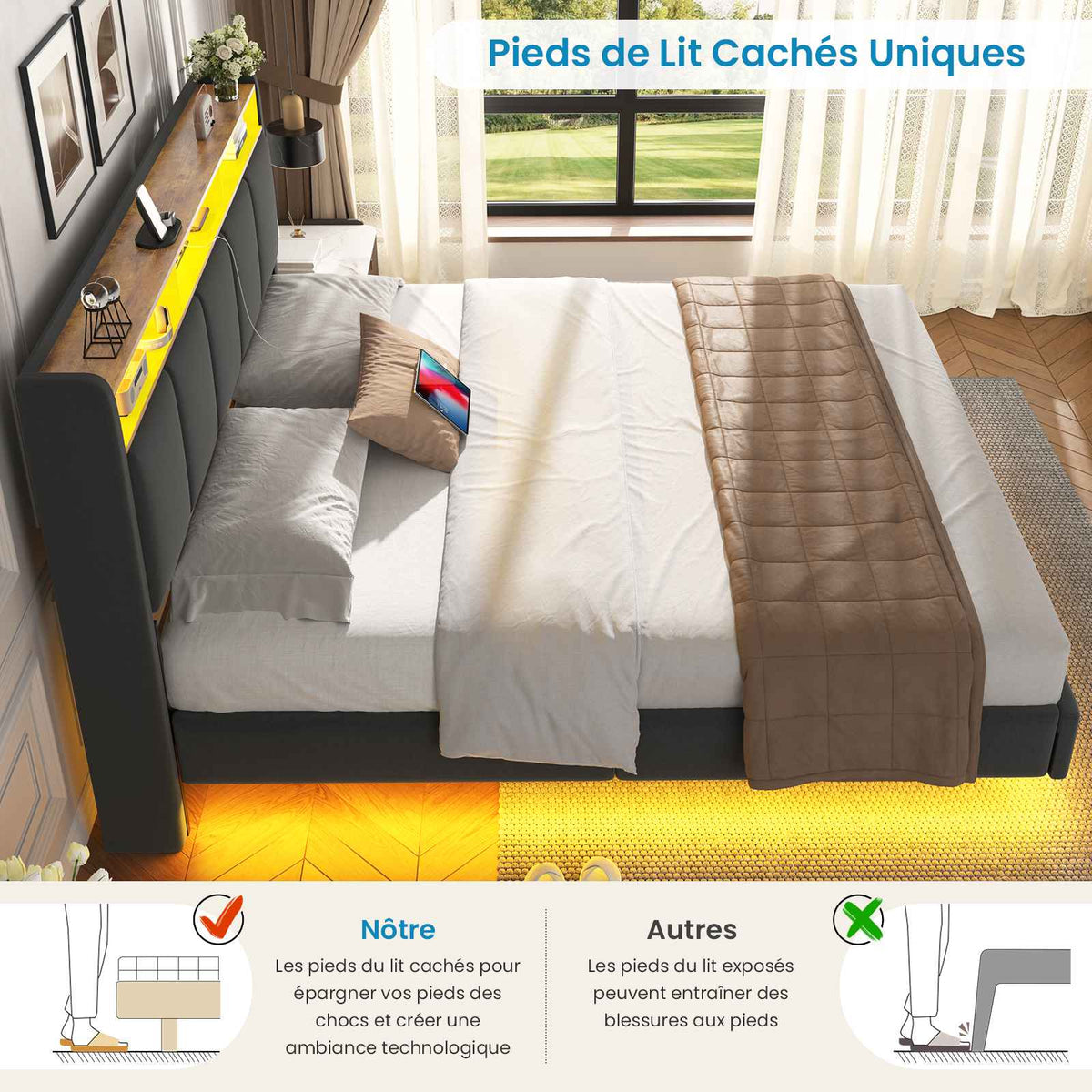 Brinlawb Lit double 140x200cm (avec sommier à lattes), avec éclairage LED, tissu en lin, gris.