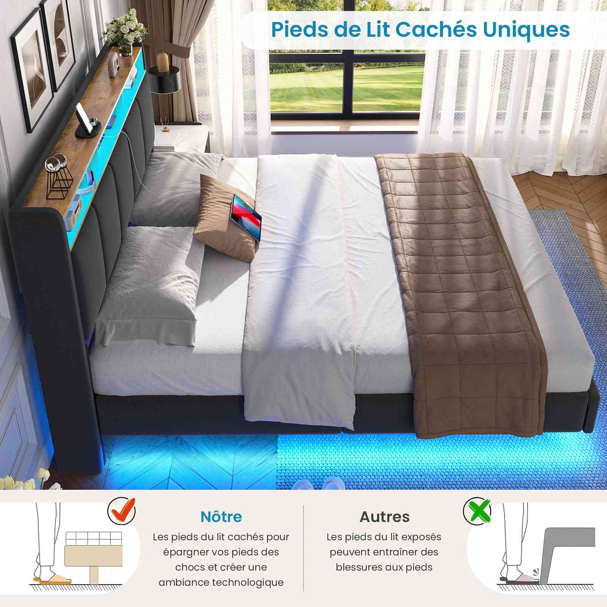 Brinlawb Lit double 140x200cm (avec sommier à lattes), avec éclairage LED, tissu en lin, gris.