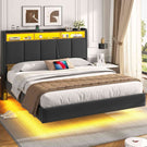 Brinlawb Lit double 140x200cm (avec sommier à lattes), avec éclairage LED, tissu en lin, gris.