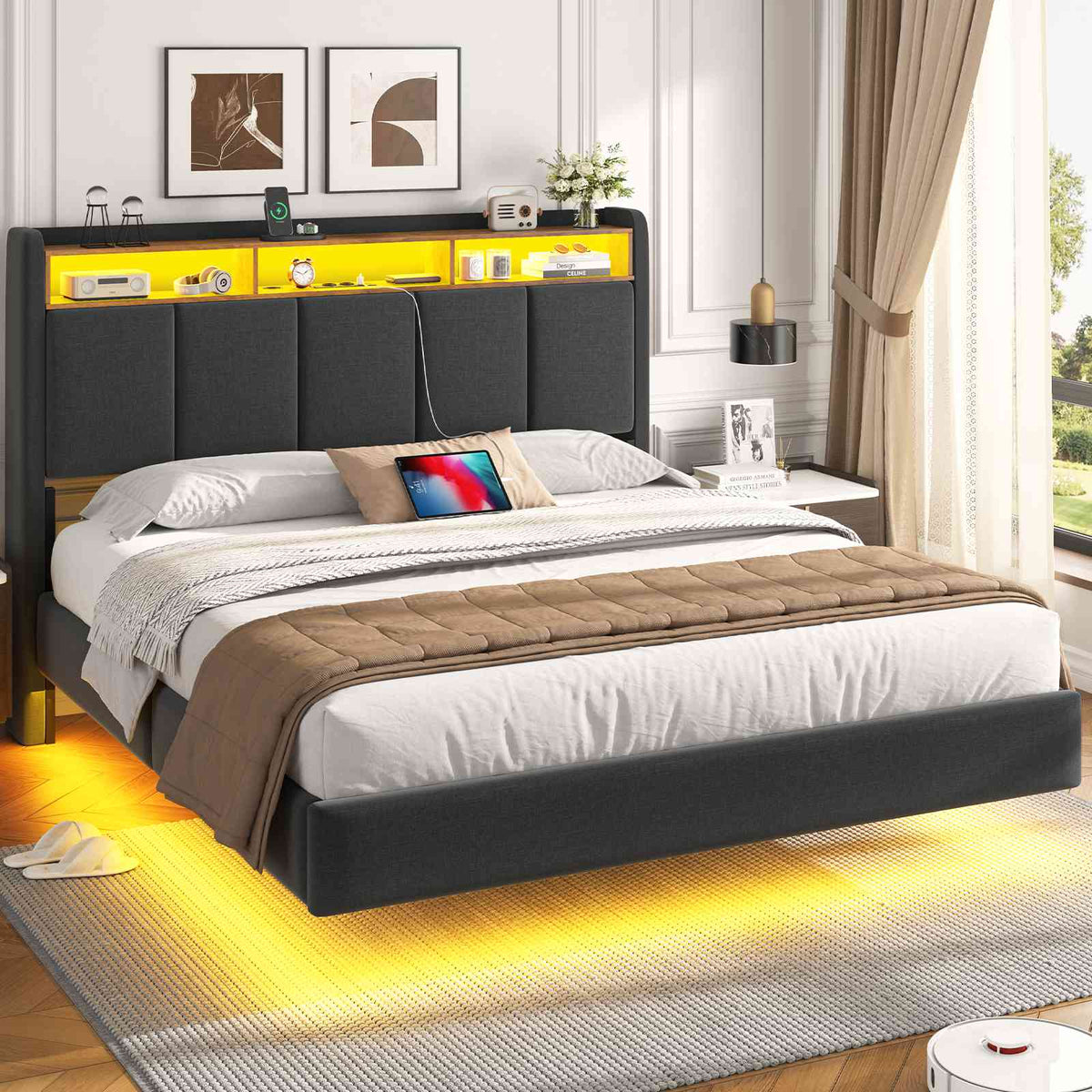 Brinlawb Lit double 140x200cm (avec sommier à lattes), avec éclairage LED, tissu en lin, gris.
